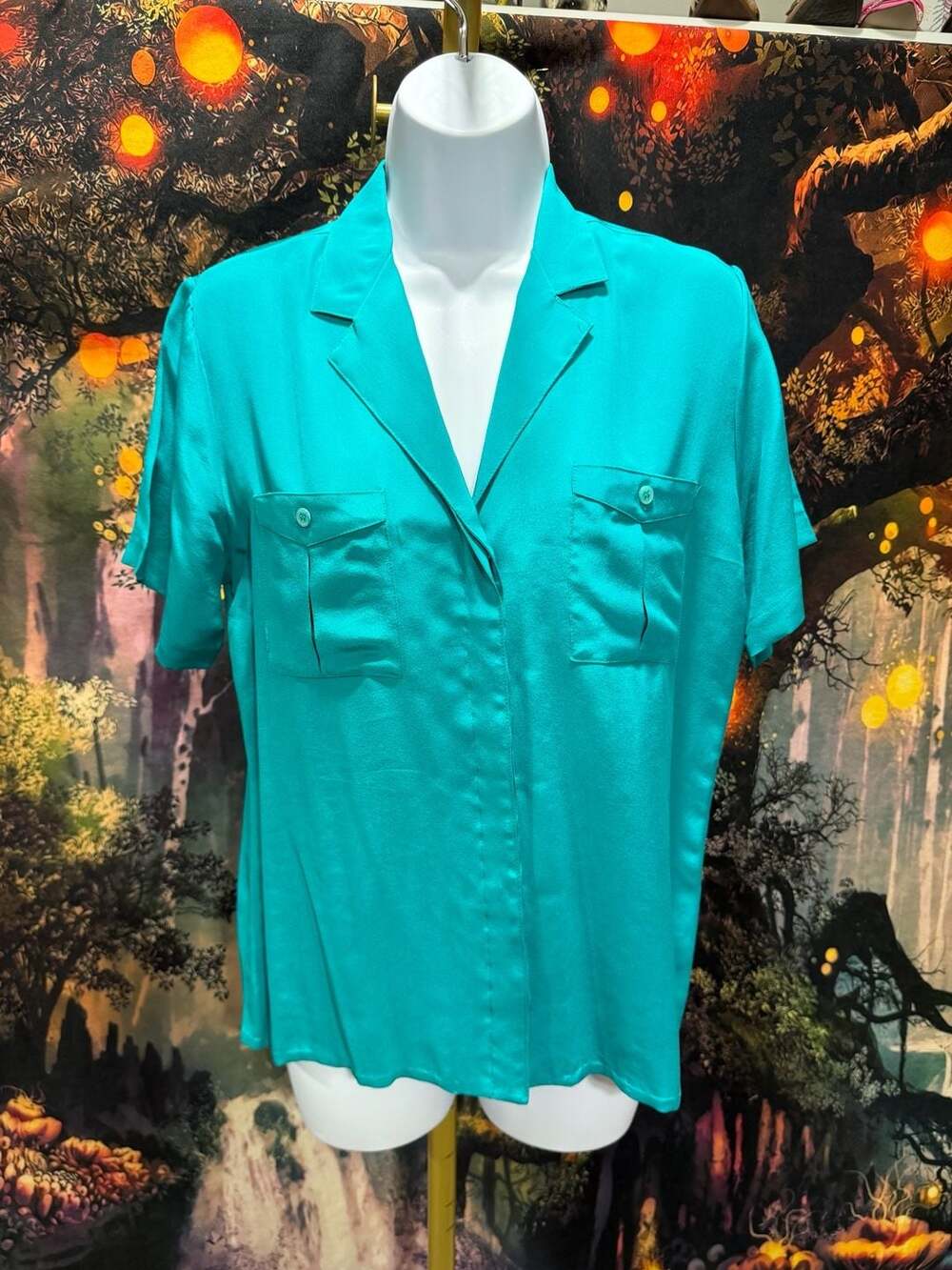Vintage Teal Green Short Sleeve Button Up Blouse Top With Pockets